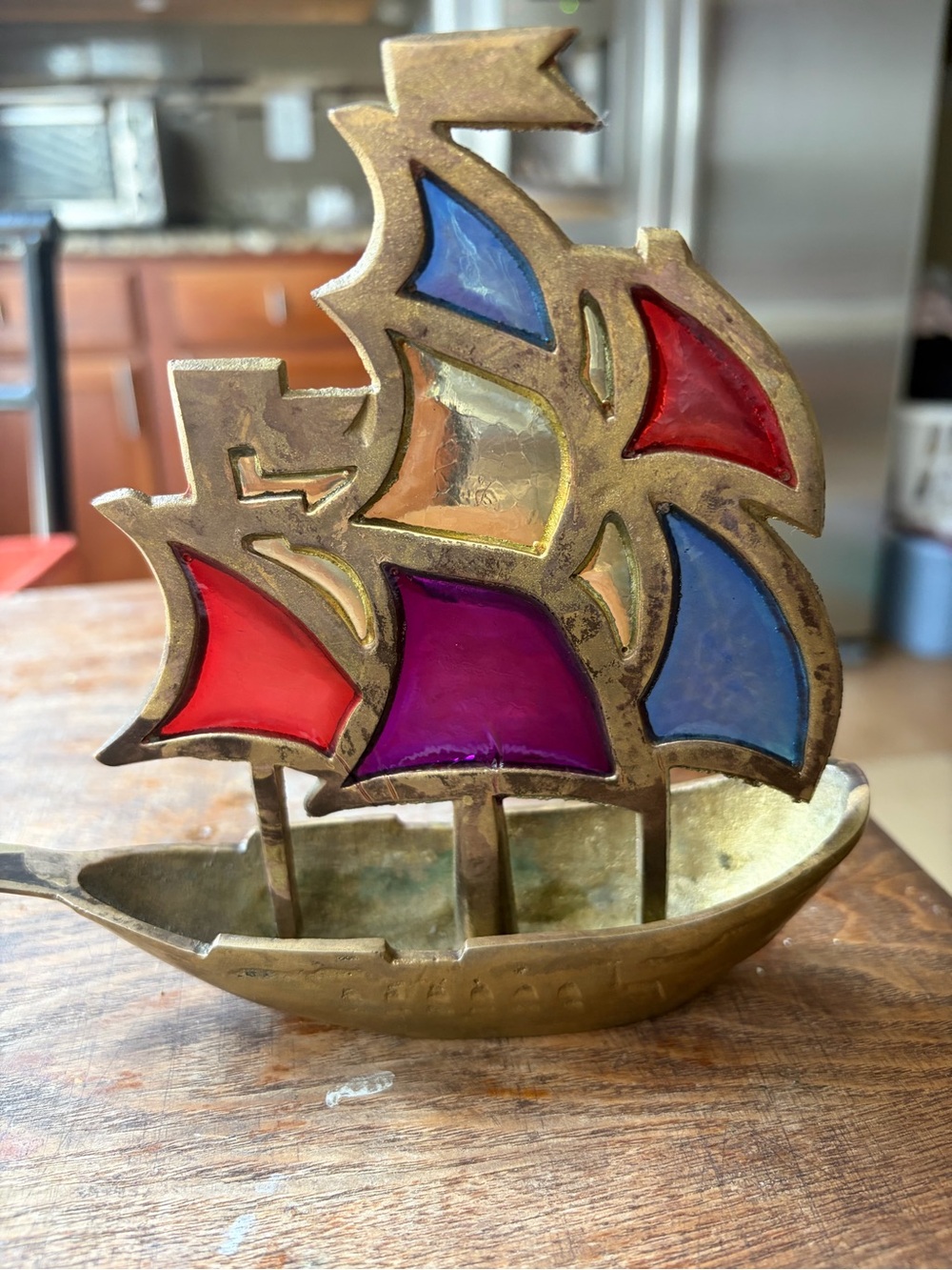 Brass and Stained Glass Sailboat Accent - Multicolor
